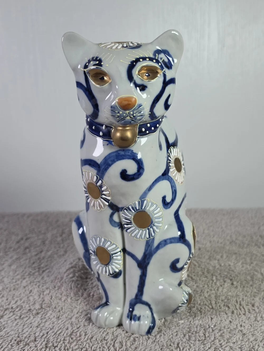 Decorative White and Blue Kutani Porcelain Cat Figurine with Gold Accents